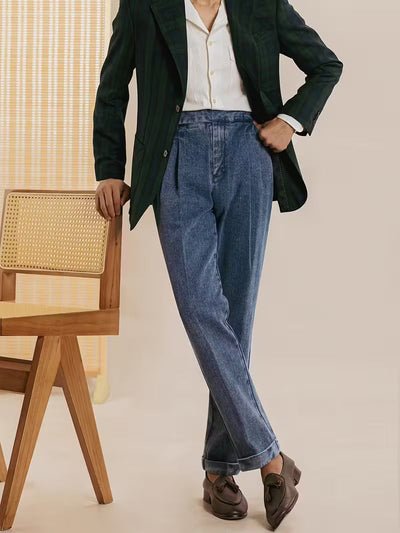 High-Waisted Straight Leg Faux Denim Trousers