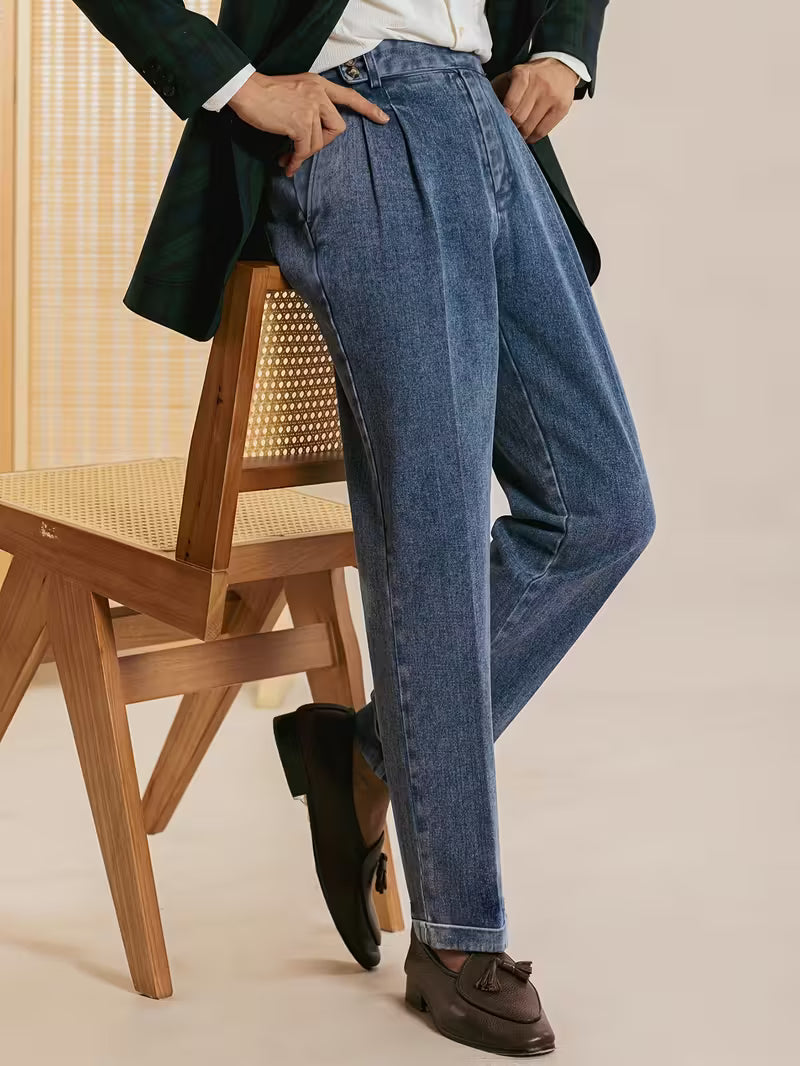 High-Waisted Straight Leg Faux Denim Trousers
