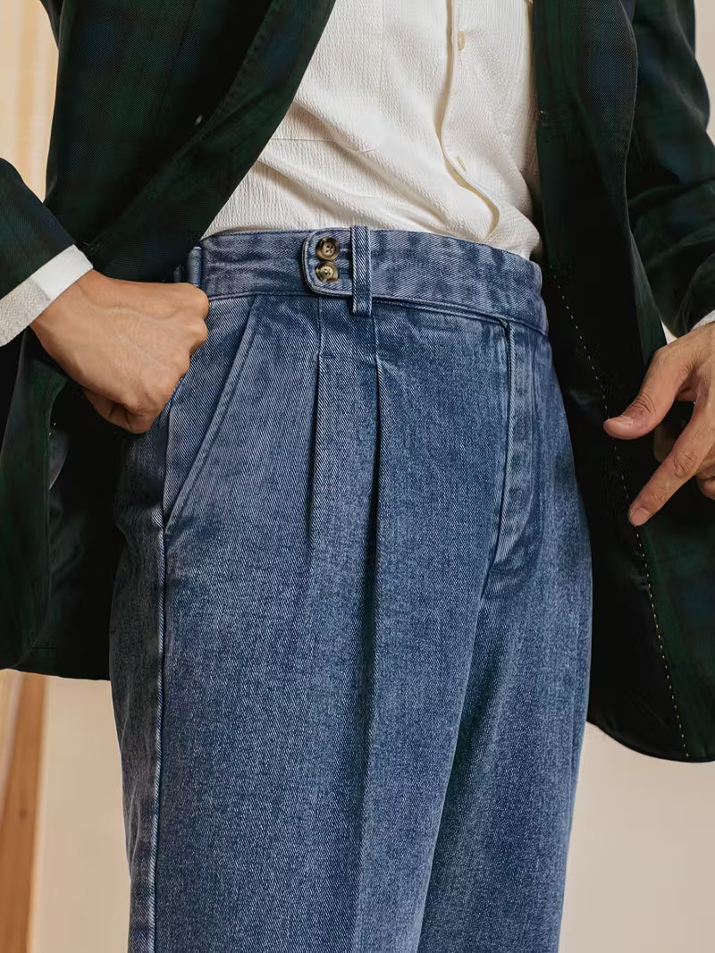 High-Waisted Straight Leg Faux Denim Trousers