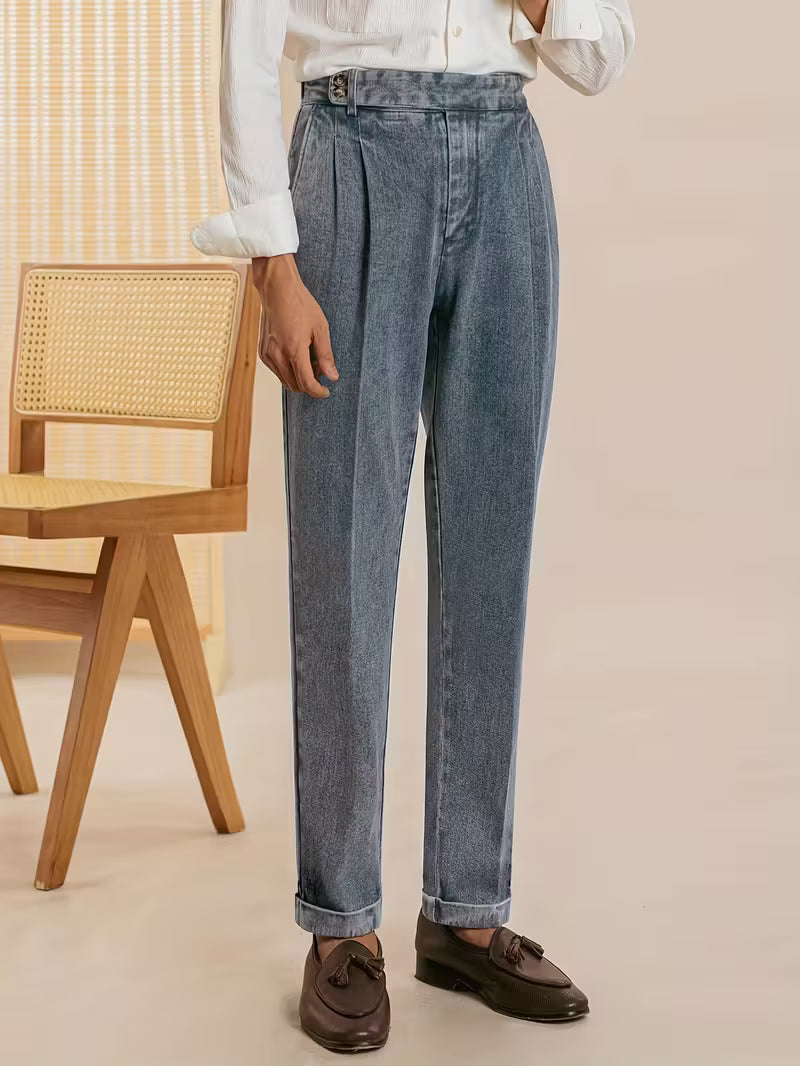 High-Waisted Straight Leg Faux Denim Trousers