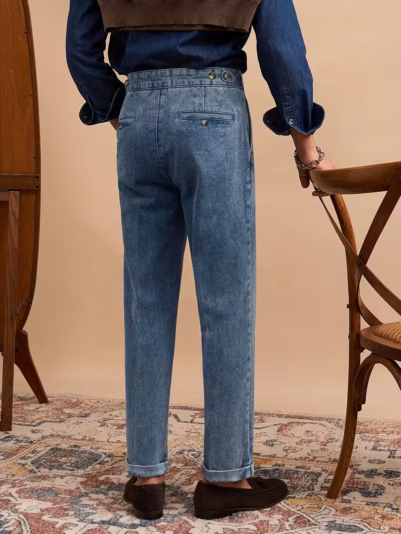 High-Waisted Straight Leg Faux Denim Trousers