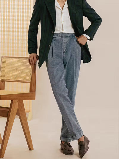 High-Waisted Straight Leg Faux Denim Trousers