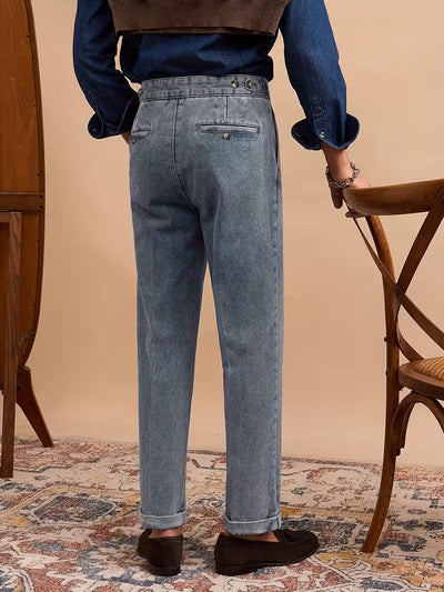 High-Waisted Straight Leg Faux Denim Trousers