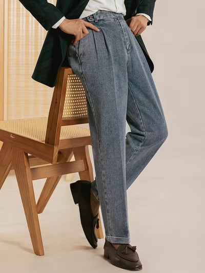 High-Waisted Straight Leg Faux Denim Trousers